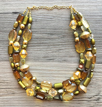 Load image into Gallery viewer, Gold &amp; Olive 3 Strand statement necklace, big beaded necklace, chunky jewelry, green necklace, gold necklace, multi-strand bib jewelry