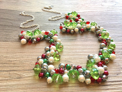 Extra long Christmas Necklace, Red, Silver, Green Holiday Jewelry, Christmas Jewelry, Red Green wreath, Christmas Gift December