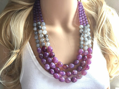 Purple & Gray Chunky Statement Necklace, Big beaded jewelry, Triple Strand Statement Necklace, Bib necklace, purple bridesmaid wedding