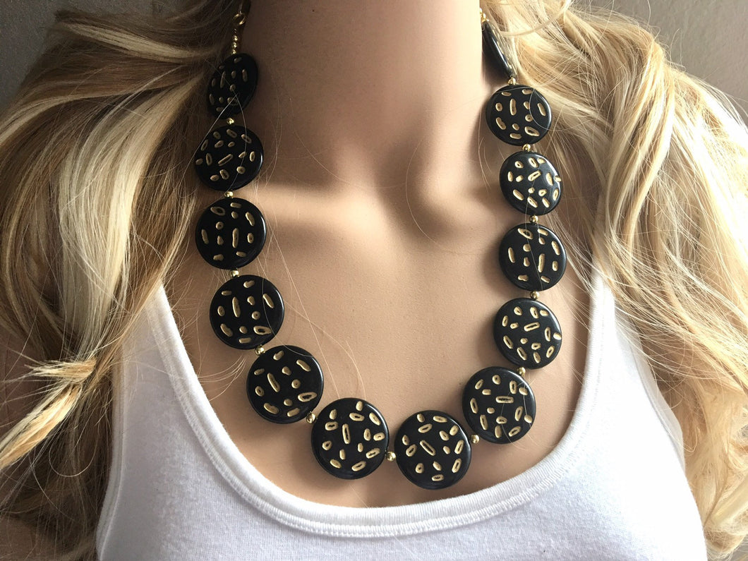 Black Big Bead Necklace, gold Strand Statement Jewelry, black Chunky bib, bridesmaid necklace, black jewelry, beaded jewelry