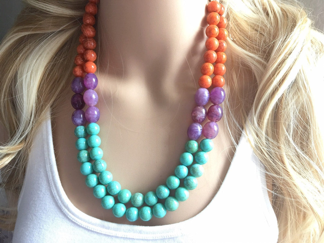 Orange purple turquoise Chunky Statement Necklace, Big beaded jewelry, double Strand Statement Necklace, Bib necklace, bridesmaid wedding