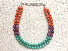 Load image into Gallery viewer, Orange purple turquoise Chunky Statement Necklace, Big beaded jewelry, double Strand Statement Necklace, Bib necklace, bridesmaid wedding