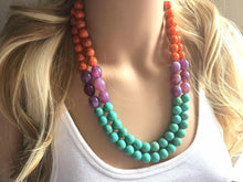 Load image into Gallery viewer, Orange purple turquoise Chunky Statement Necklace, Big beaded jewelry, double Strand Statement Necklace, Bib necklace, bridesmaid wedding