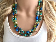 Load image into Gallery viewer, Mermaid Peacock Chunky Statement Necklace, Triple Strand Beaded Jewelry wood Blue Green jewelry, bridesmaid wedding bib resin