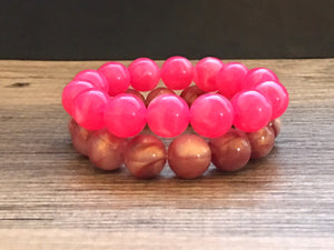 Pink & Purple 2 stretch bracelets, beaded jewelry, bead stretchy bracelet, rainbow friendship arm candy stacking hot dark pink