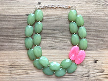 Load image into Gallery viewer, Cucumber Pink Statement Necklace, Multi-Strand, Double Layer Chunky Jewelry, pink green jewelry, beaded necklace, green necklace, Green pink