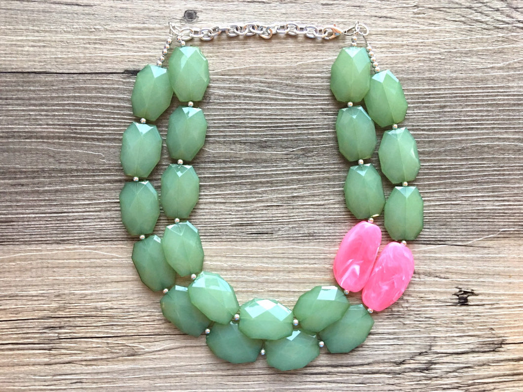 Cucumber Pink Statement Necklace, Multi-Strand, Double Layer Chunky Jewelry, pink green jewelry, beaded necklace, green necklace, Green pink