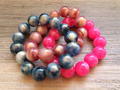 Blue Pink & Purple 3 stretch bracelets, beaded jewelry, bead stretchy bracelet, rainbow friendship arm candy stacking hot dark pink