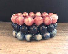 Load image into Gallery viewer, Navy Blue Purple 3 stretch bracelets, beaded jewelry, bead stretchy bracelet, rainbow friendship arm candy stacking navy purple