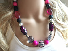 Load image into Gallery viewer, Pink Silver &amp; Black Chunky Statement Necklace, Pink and black beaded jewelry, single Strand Bib Necklace, Beaded necklace, black necklace