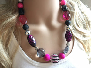 Pink Silver & Black Chunky Statement Necklace, Pink and black beaded jewelry, single Strand Bib Necklace, Beaded necklace, black necklace