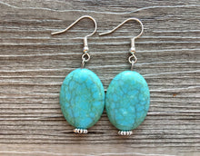 Load image into Gallery viewer, Turquoise Beaded &amp; silver statement earrings, Earth tones bead blue green jewelry, turquoise dangle drop jewelry, green brown crackle