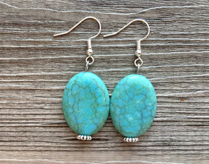 Turquoise Beaded & silver statement earrings, Earth tones bead blue green jewelry, turquoise dangle drop jewelry, green brown crackle