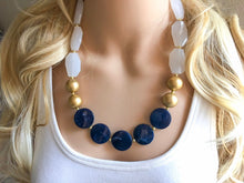 Load image into Gallery viewer, Nautical Chunky Statement Necklace, Big beaded jewelry, Single Strand Statement Necklace, navy blue an white, gold navy necklace, white gold