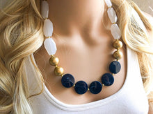 Load image into Gallery viewer, Nautical Chunky Statement Necklace, Big beaded jewelry, Single Strand Statement Necklace, navy blue an white, gold navy necklace, white gold