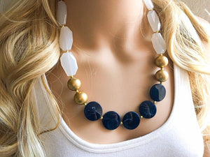 Nautical Chunky Statement Necklace, Big beaded jewelry, Single Strand Statement Necklace, navy blue an white, gold navy necklace, white gold