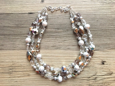 Silver & Clear 3 Strand statement necklace, big beaded necklace, chunky jewelry, white necklace, clear necklace, multi-strand bib jewelry