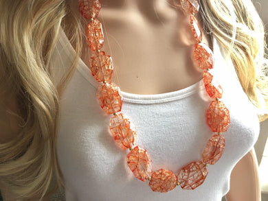 Long Big Bead orange crackle Necklace, single Strand Statement Jewelry, burnt Orange Chunky bib bridesmaid or everyday bubble jewelry
