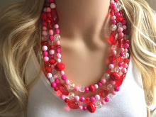 Load image into Gallery viewer, Red &amp; Pink Heart Necklace, multi strand jewelry, big beaded chunky statement necklace, valentine necklace, bridesmaid necklace, bib necklace