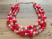 Load image into Gallery viewer, Red &amp; Pink Heart Necklace, multi strand jewelry, big beaded chunky statement necklace, valentine necklace, bridesmaid necklace, bib necklace