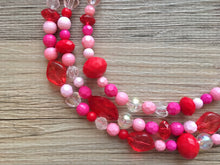 Load image into Gallery viewer, Red &amp; Pink Heart Necklace, multi strand jewelry, big beaded chunky statement necklace, valentine necklace, bridesmaid necklace, bib necklace