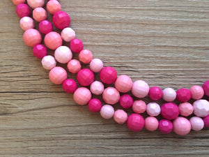 Blush Coral Dark Pink Beaded Necklace, pink Jewelry, 3 strand Chunky statement necklace, big beaded necklace, pink statement magenta
