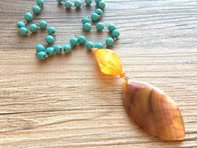 Load image into Gallery viewer, Earthy olive &amp; orange pink AGATE Pendant Chunky Statement Necklace jewlery, Beaded turquoise statement oval pendant chunky bib blue