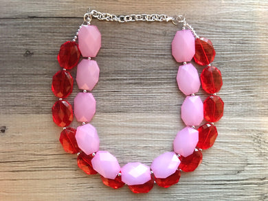 Pink & Red Valentines day Necklace, multi strand jewelry, big beaded chunky statement necklace, bridesmaid necklace, bib necklace