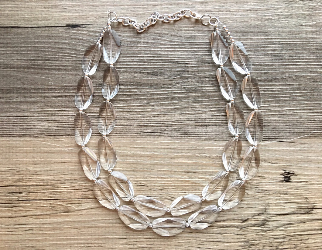 Chunky Clear Crystal Statement Necklace, Faceted Everyday neutral jewelry, statement necklace, silver or gold accents chunky bib necklace