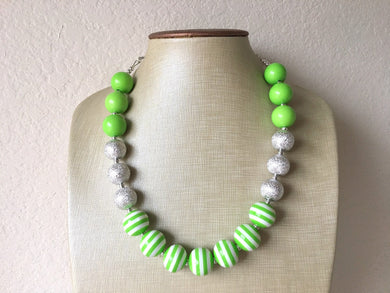 Silver & Green Statement Necklace, Single Strand necklace Chunky Jewelry, lime green jewelry, beaded necklace, green necklace striped beaded
