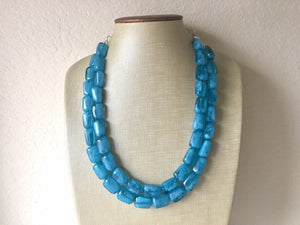 Teal Blue double strand Beaded Statement Necklace, Chunky Bib Turquoise Teal Multi-Strand Jewelry dark blue swirl beads