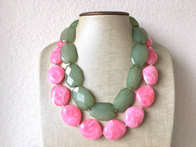 Pink & Green Chunky Statement Necklace, Big beaded jewelry, Double Strand Statement Necklace, pink green jewelry set earrings