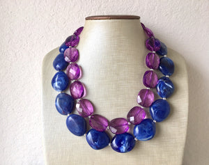 Blue & Purple Necklace, multi strand jewelry, big beaded chunky statement necklace, blue necklace, bridesmaid necklace, bib necklace, purple