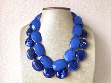 Royal Blue Double Strand Statement Necklace, Chunky Royal Blue Oval Beaded Bib Jewelry, blue jewelry, dark blue jewlery necklace earrings