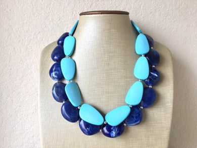 Royal Blue & Light Blue Double Strand Statement Necklace, Chunky Royal Blue Oval Beaded Bib Jewelry, blue jewlery necklace earrings