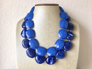 Royal Blue Double Strand Statement Necklace, Chunky Royal Blue Oval Beaded Bib Jewelry, blue jewelry, dark blue jewlery necklace earrings