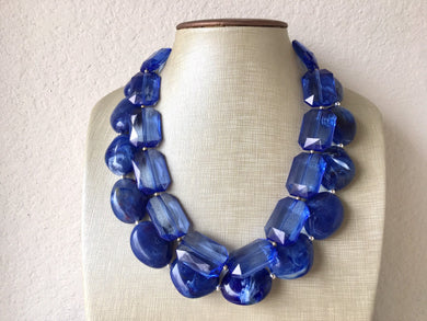 Royal Blue Double Strand Statement Necklace, Chunky Royal Blue Oval Beaded Bib Jewelry, blue jewelry, dark blue jewlery necklace earrings