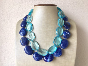 Royal Blue & Light Blue Double Strand Statement Necklace, Chunky Royal Blue Oval Beaded Bib Jewelry, blue jewlery necklace earrings