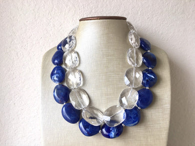 Royal Blue & Clear Resin Double Strand Statement Necklace, Chunky Royal Blue Oval Beaded Bib Jewelry, blue jewlery necklace earrings