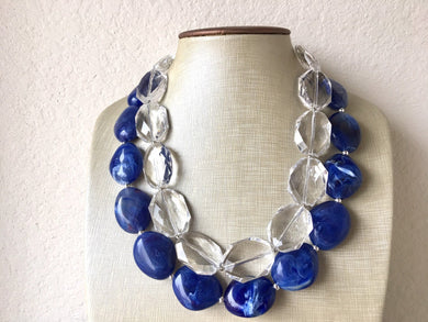 Royal Blue & Clear Resin Double Strand Statement Necklace, Chunky Royal Blue Oval Beaded Bib Jewelry, blue jewlery necklace earrings