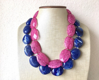 Pink & Blue Necklace, multi strand jewelry, big beaded chunky statement necklace, pink necklace, bridesmaid necklace, gender reveal party