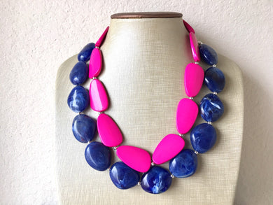 Pink & Blue Necklace, multi strand jewelry, big beaded chunky statement necklace, pink necklace, bridesmaid necklace, gender reveal party