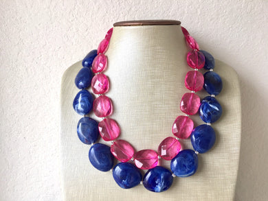 Pink & Blue Necklace, multi strand jewelry, big beaded chunky statement necklace, pink necklace, bridesmaid necklace, gender reveal party