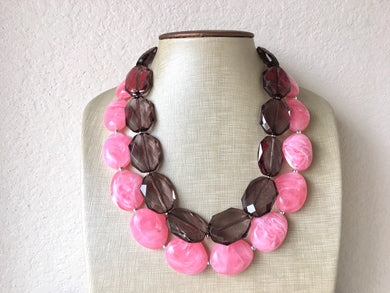 Pink & Gray Necklace, multi strand jewelry, big beaded chunky statement necklace, pink necklace, bridesmaid necklace, gray necklace