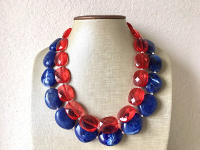 Blue & Red Necklace, multi strand jewelry, big beaded chunky statement necklace, 4th of July jewelry, bridesmaid bib necklace USA America