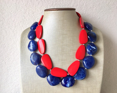 Blue & Red Necklace, multi strand jewelry, big beaded chunky statement necklace, 4th of July jewelry, bridesmaid bib necklace USA America