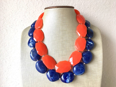 Blue & Orange Necklace, multi strand jewelry, big beaded chunky statement necklace, blue necklace, bridesmaid necklace, bib necklace, orange