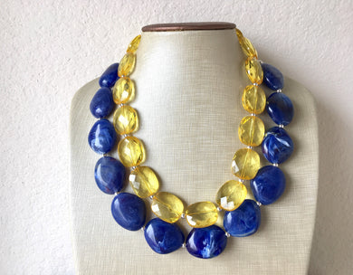 Chunky Statement Yellow Necklace, multi strand colorful jewelry, big beaded chunky statement necklace, blue necklace, blue yellow jewelry