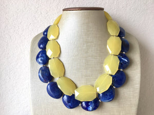 Chunky Statement Yellow Necklace, multi strand colorful jewelry, big beaded chunky statement necklace, blue necklace, blue yellow jewelry