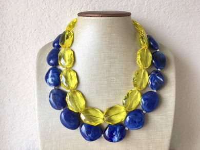 Chunky Statement Yellow Necklace, multi strand colorful jewelry, big beaded chunky statement necklace, blue necklace, blue yellow jewelry